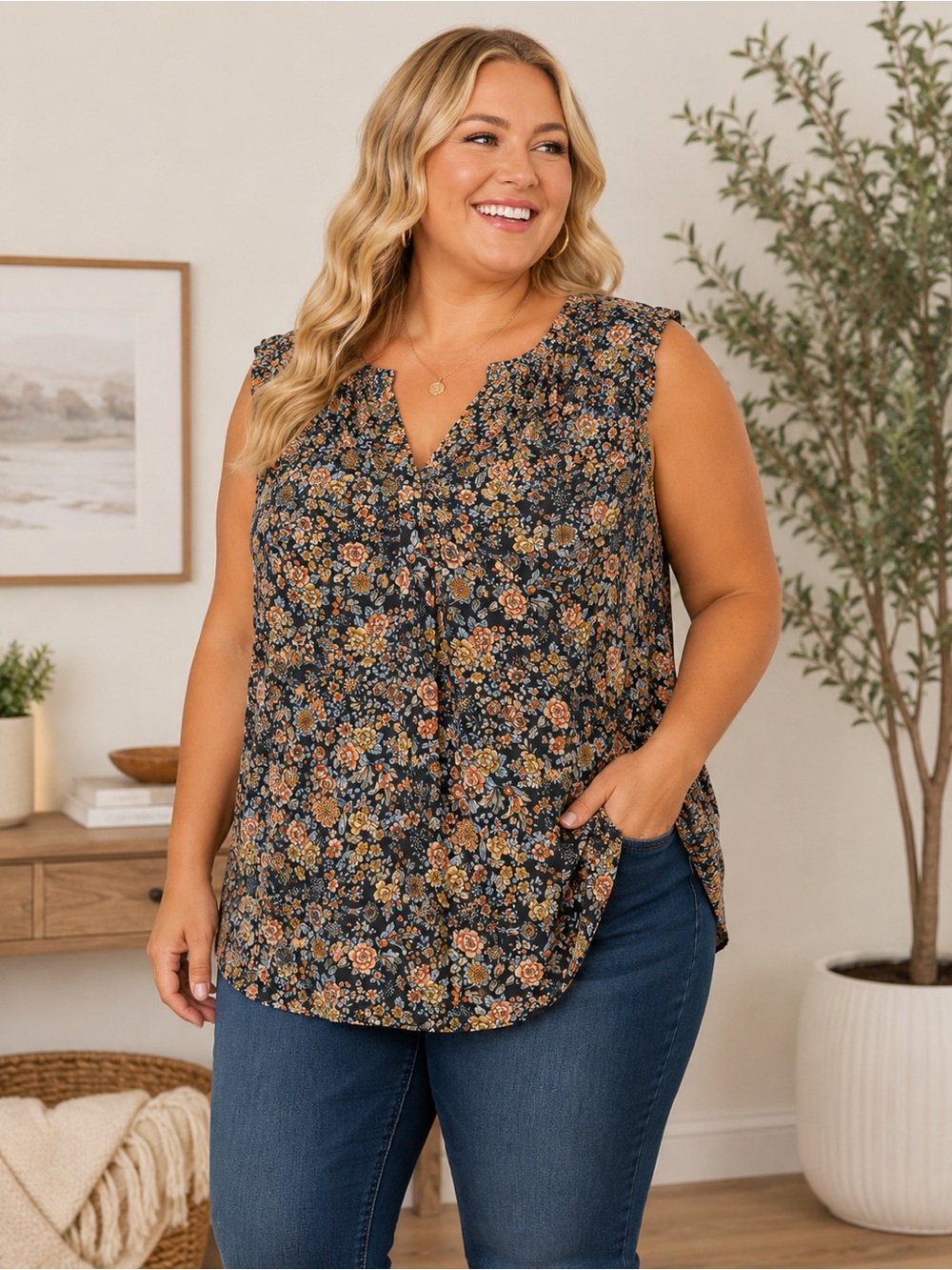 LOFT Floral Sleeveless V-Neck Top in Navy and Mustard